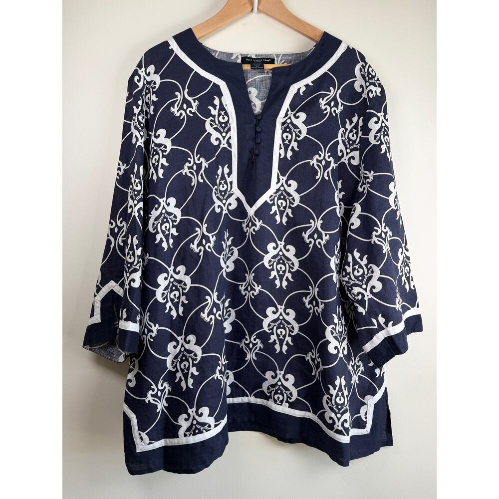Saint Tropez West Linen Geometric Tunic Blouse Top Navy White 2X Damask Print
